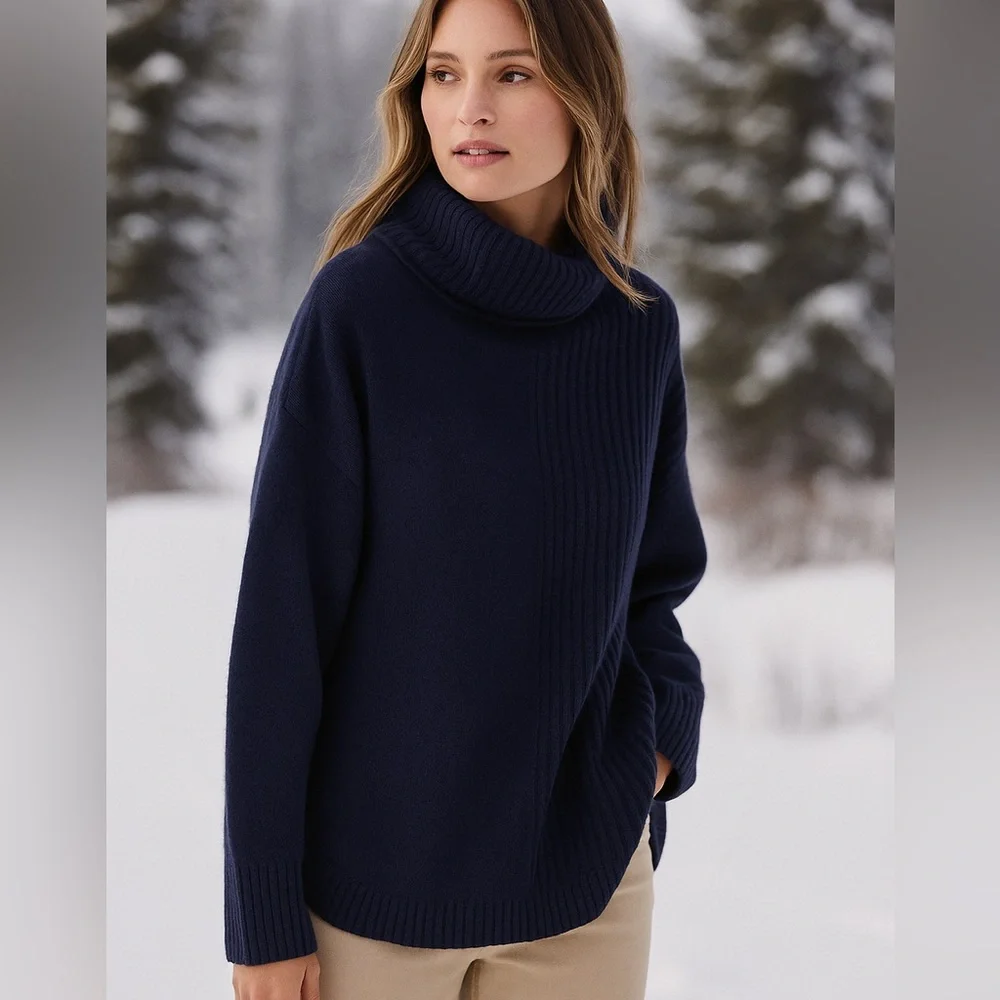 Como Vintage ribbed funnel neck sweater navy blue small mock high‎ new NWT